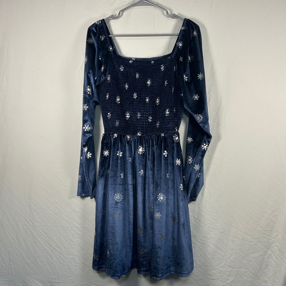 Disney Velvet Dress Womens XL Blue Silver Snowflake Mickey Smocked Long Sleeve